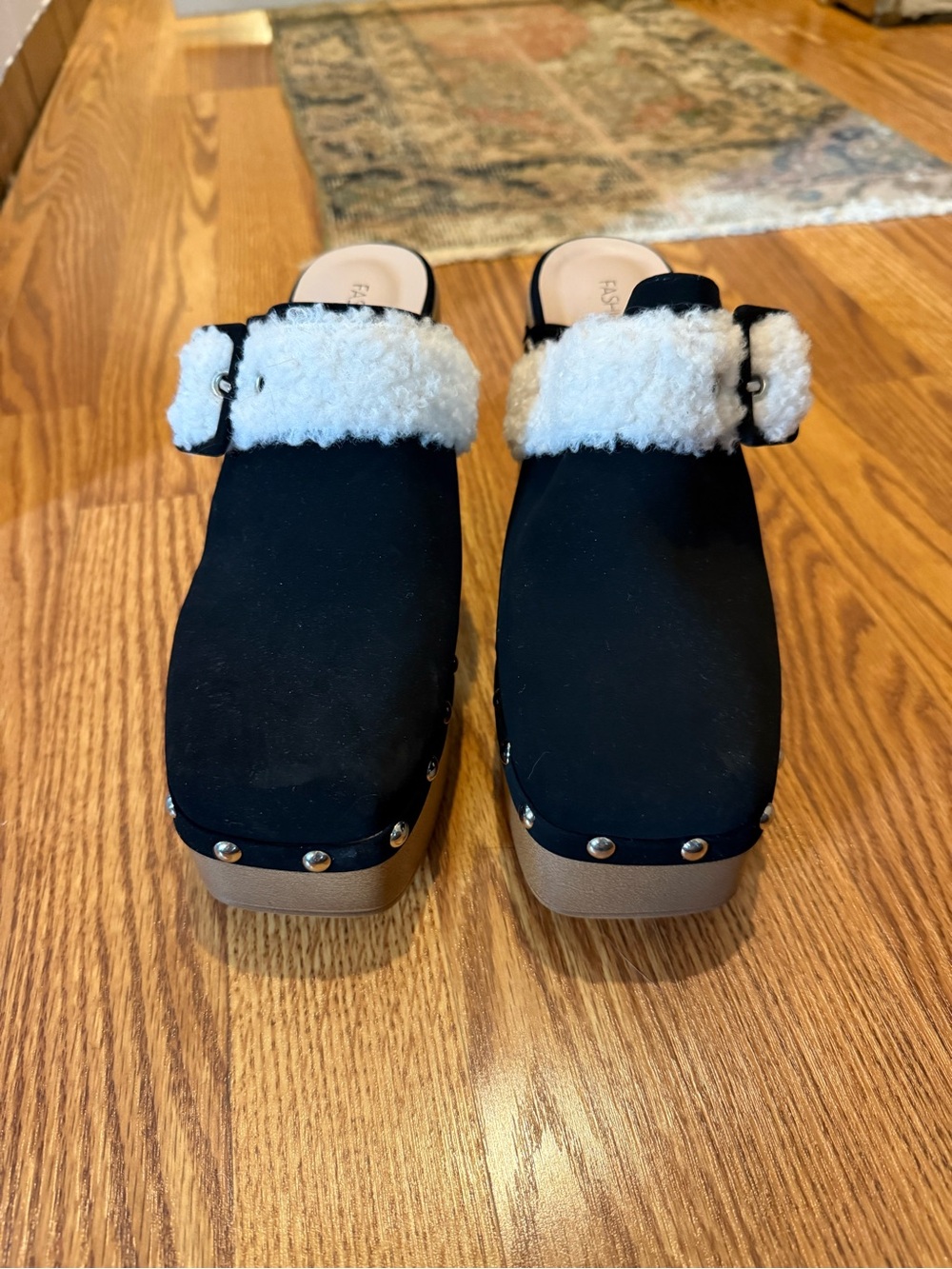 Fashion Nova Black Suede-Look Shearling-Trim Clogs